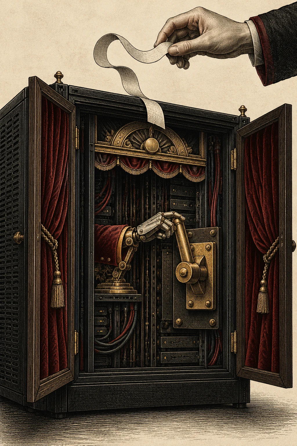 A mechanical hand inside a cabinet operates a switch beneath a human-held instruction ribbon.