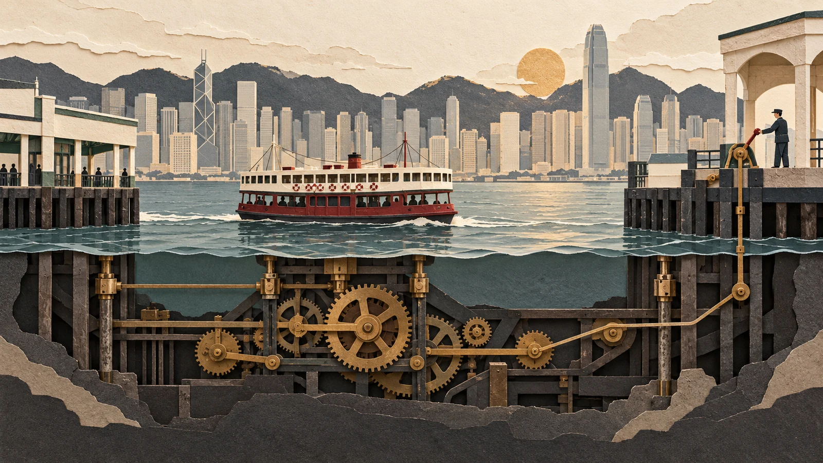 An illustrated Hong Kong ferry crossing above a cutaway of gears and a shore-side control lever.