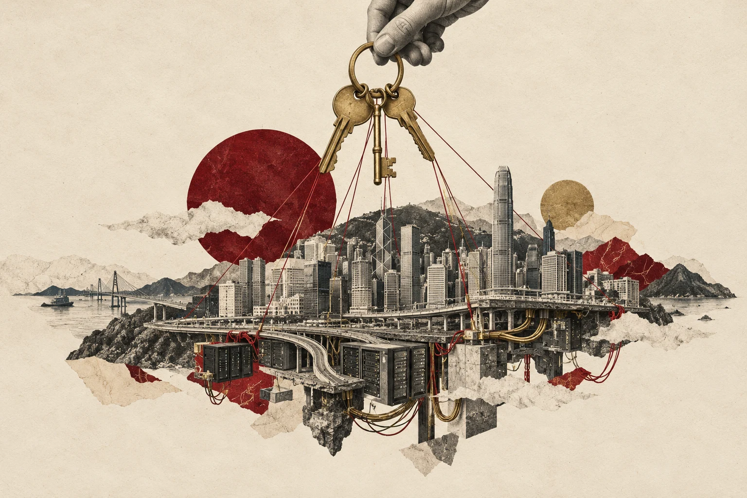 A miniature city and its servers suspended from a ring of brass keys.